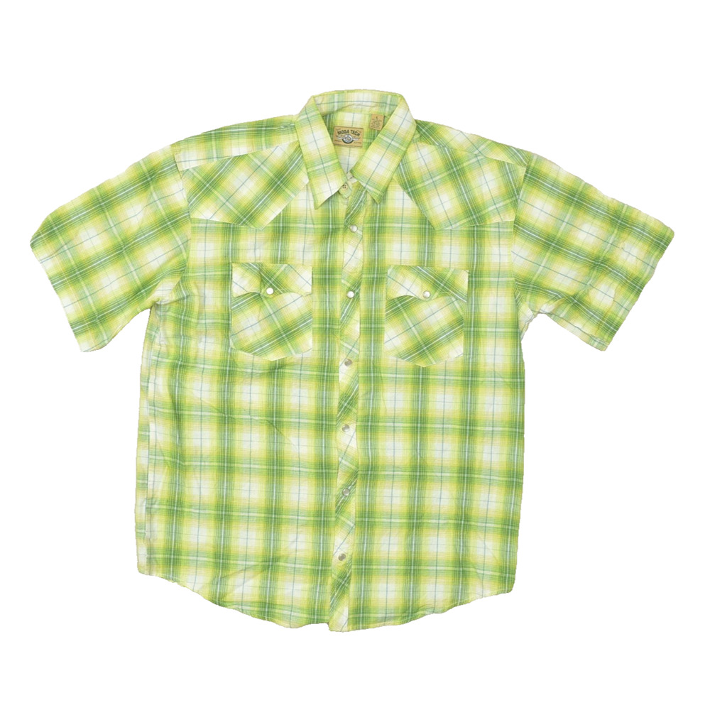 Moda Tech Men Green Yellow Plaid Western Snap Shirt Short Sleeve Regular Size L